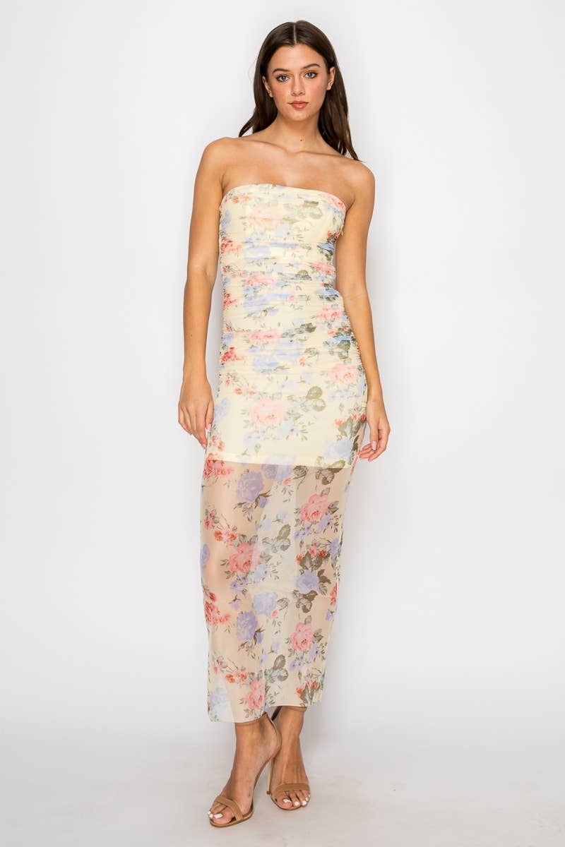 shirred mesh dress Jaelynn FLORAL PRINTED MESH SHIRRED MIDI DRESS