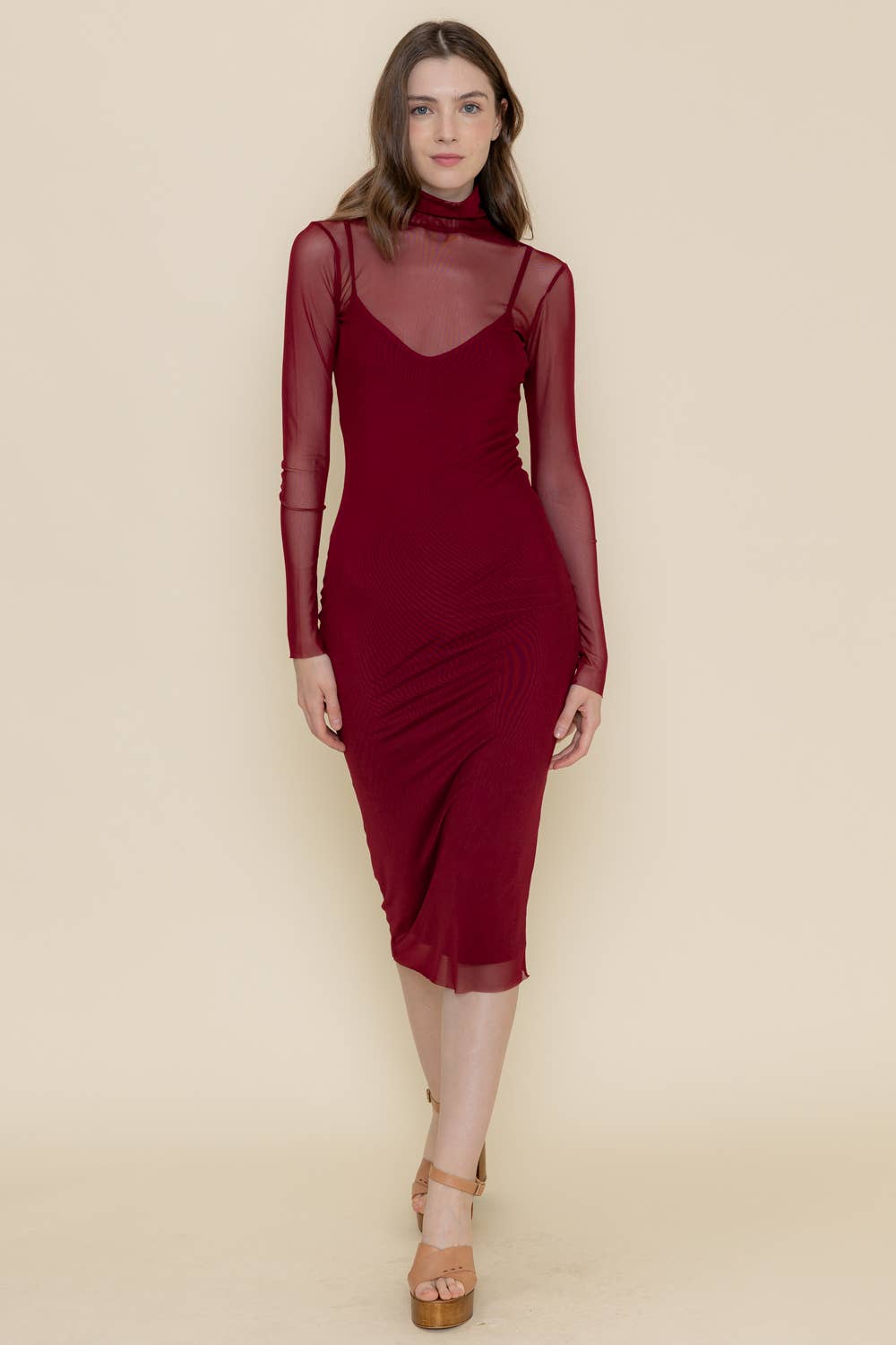 Heidi BODYCON MOCK NECK MESH LONG SLEEVE MIDI DRESS