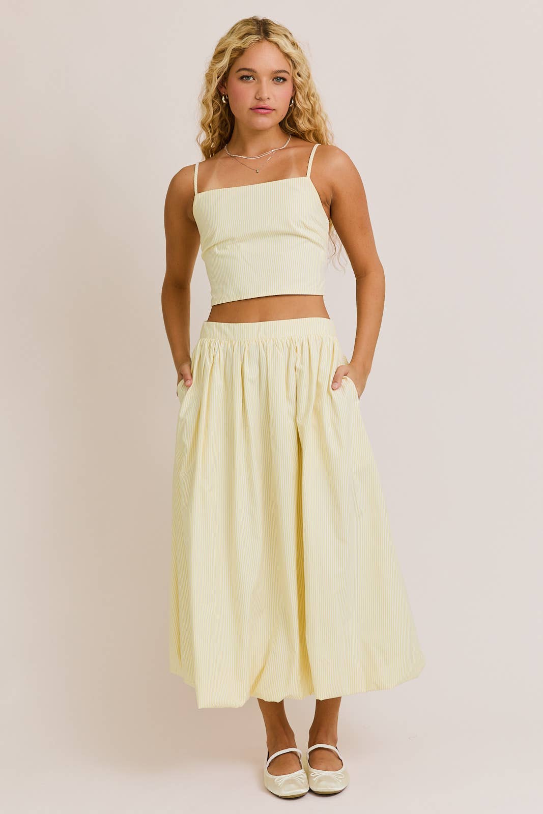 SPAGHETTI TOP WITH BUBBLE HEM MIDI SKIRT