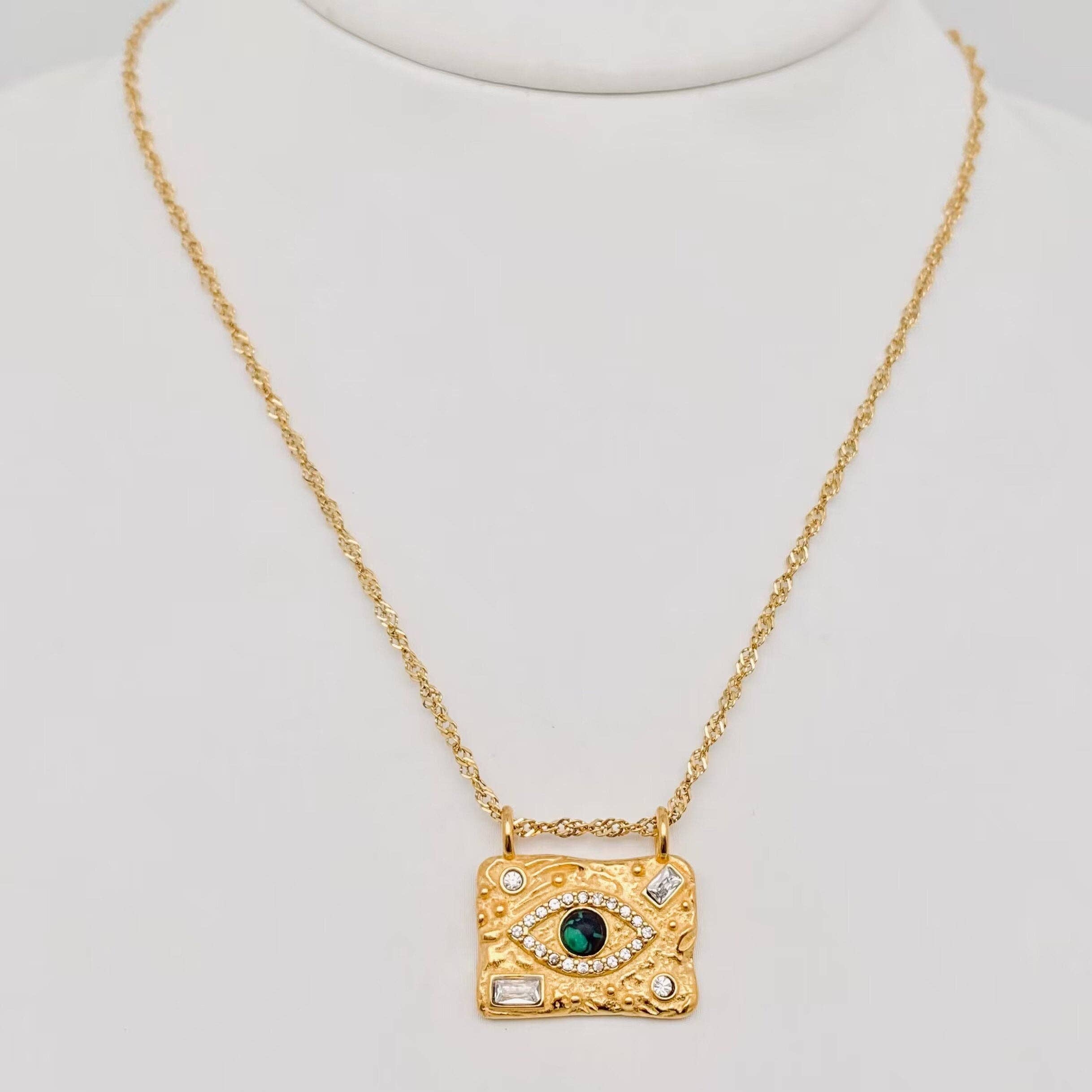 Square Evil Eye Gold Plated Stainless Steel Necklace - FGS