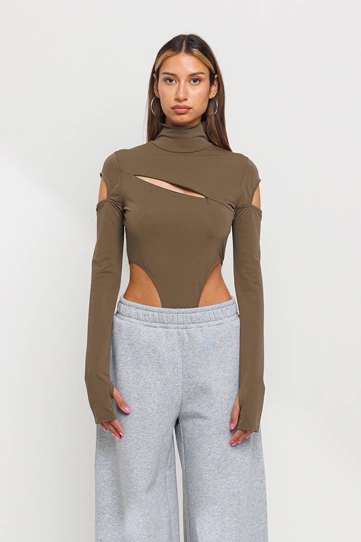Nori Front slit and cold shoulder mock neck bodysuits