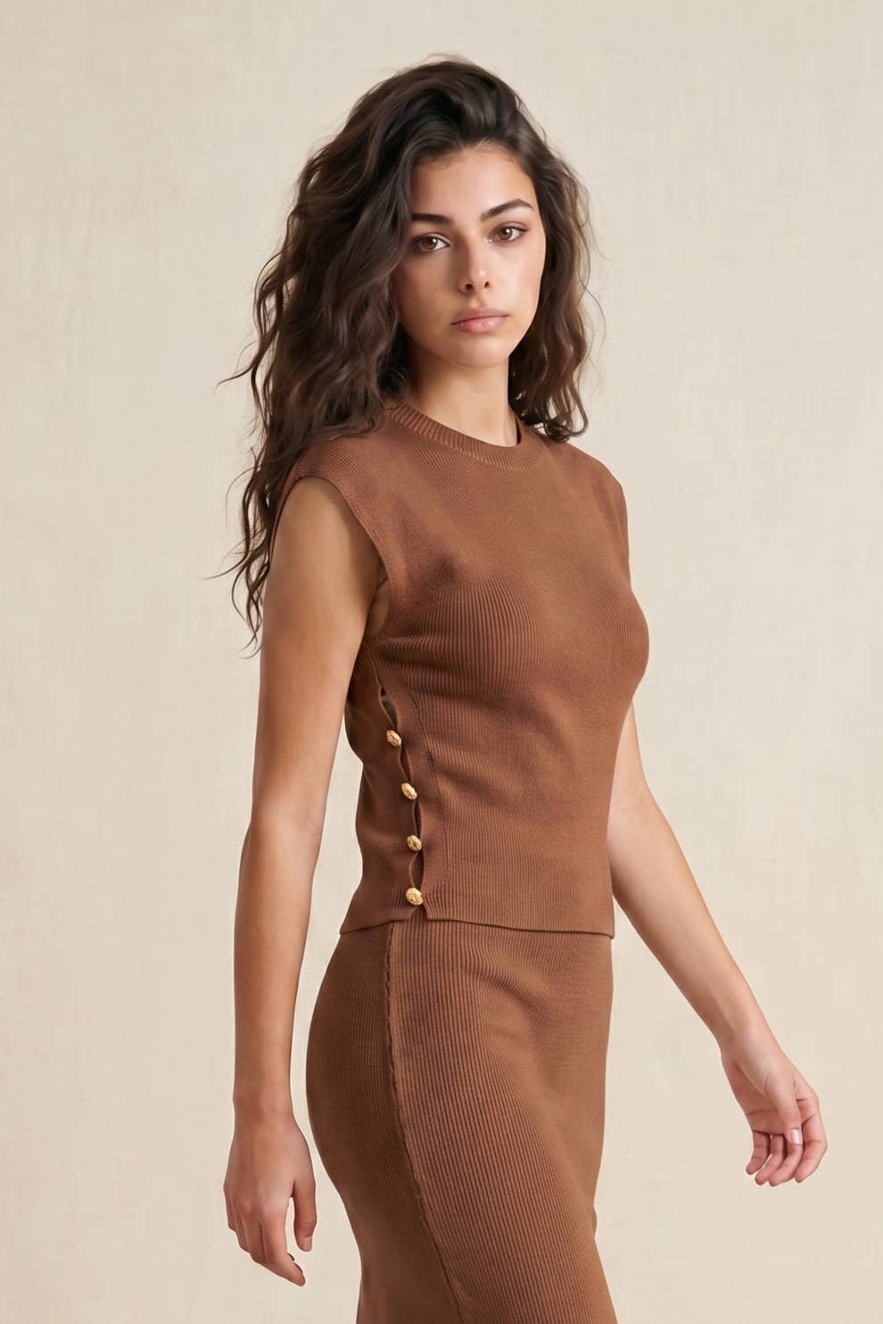 Ribbed Knit Sleeveless Top with Side Gold Buttons