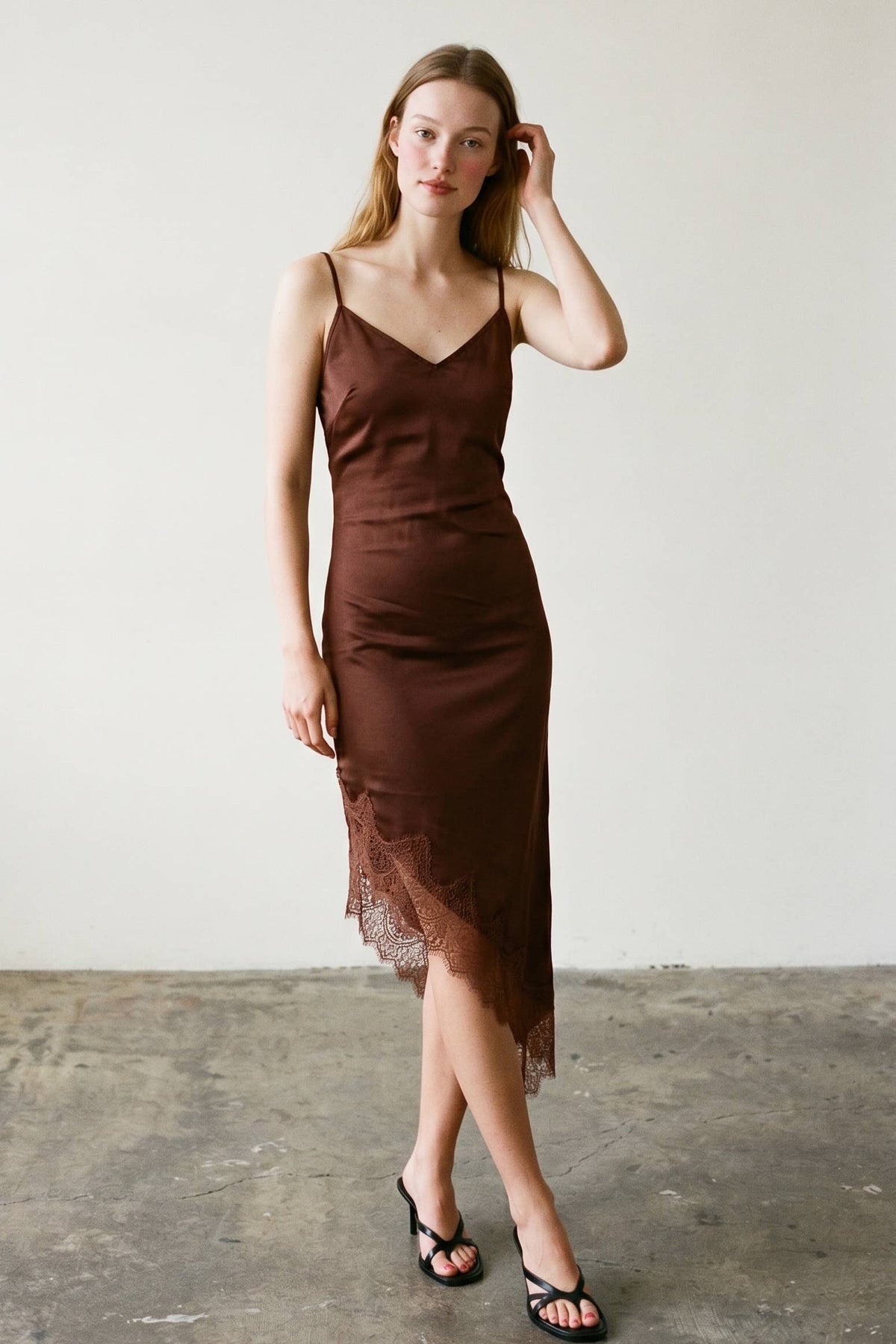 Kaelie Satin Asymmetrical Hem Lace Dress