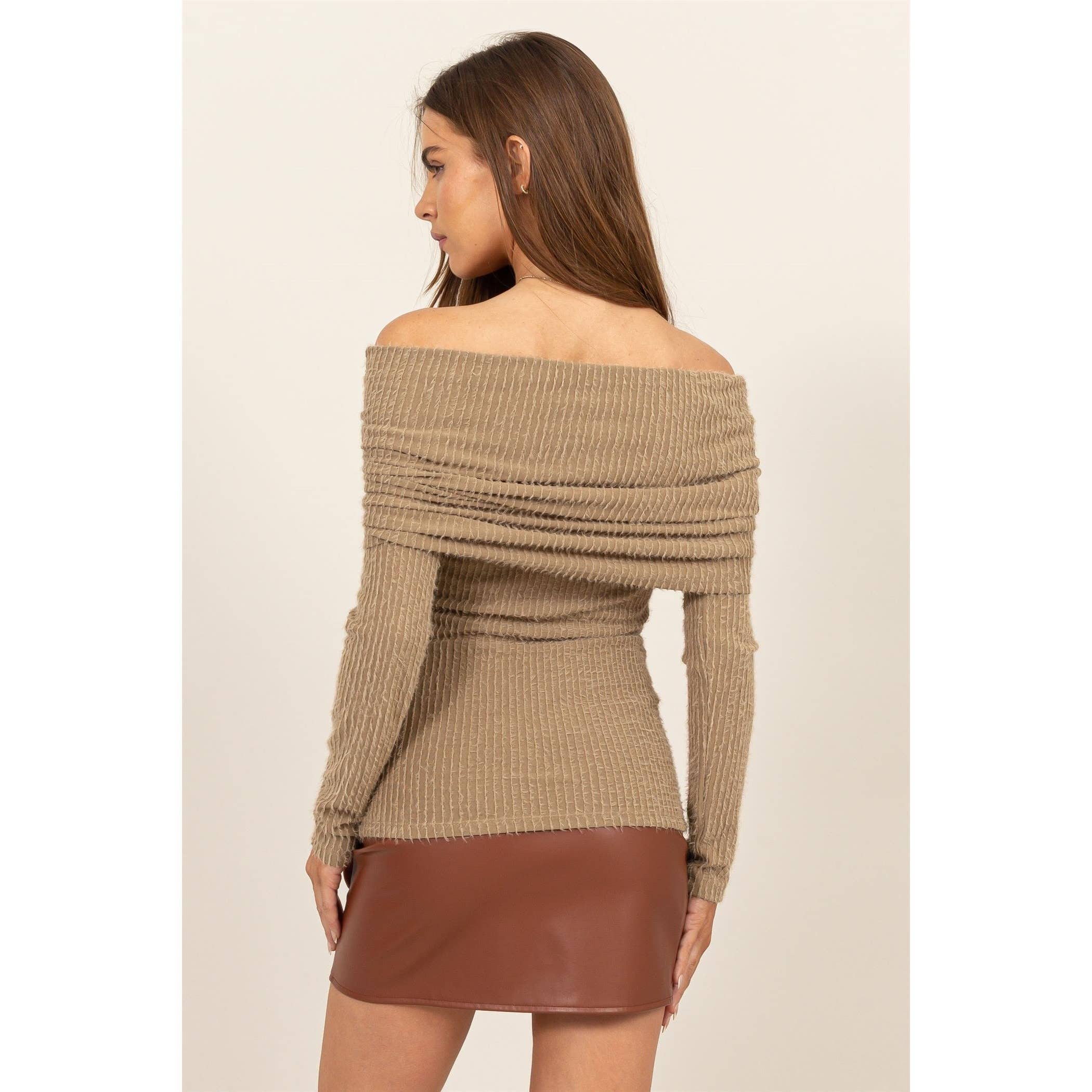 FUZZY OFF-THE-SHOULDER TEXTURED SWEATER