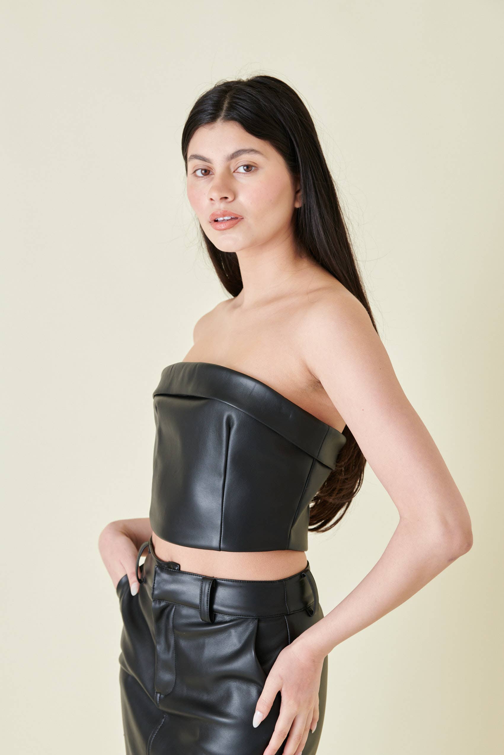 VEGAN LEATHER PLEATHER FOLD OVER TUBE CROP TOP