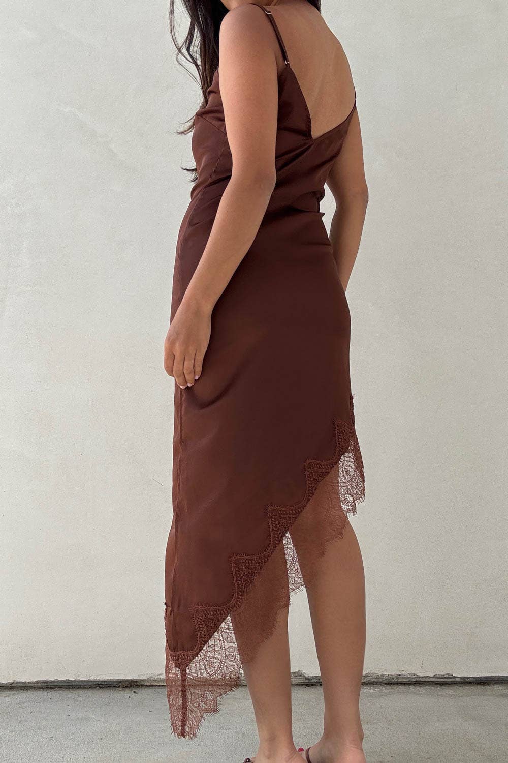 Kaelie Satin Asymmetrical Hem Lace Dress