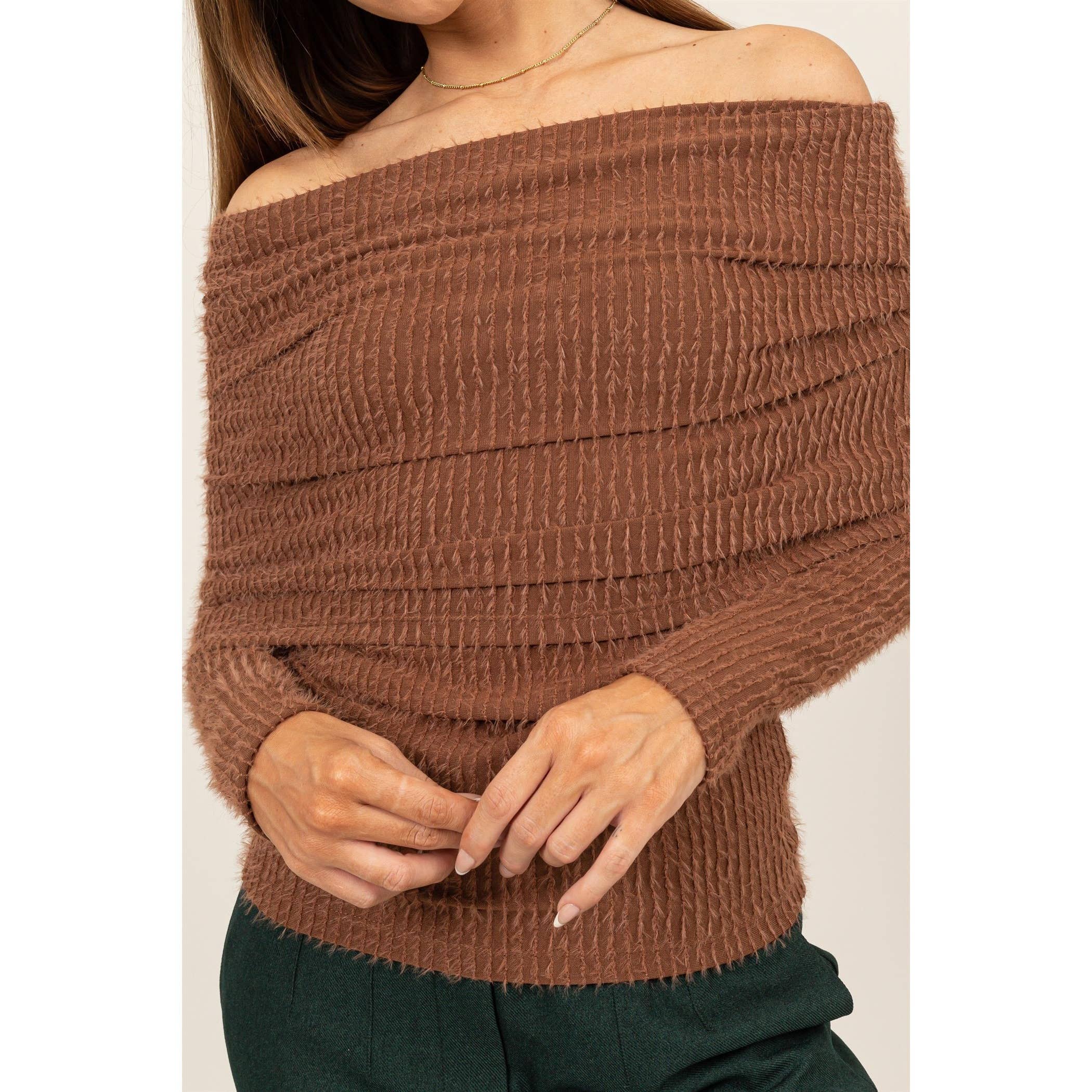 FUZZY OFF-THE-SHOULDER TEXTURED SWEATER