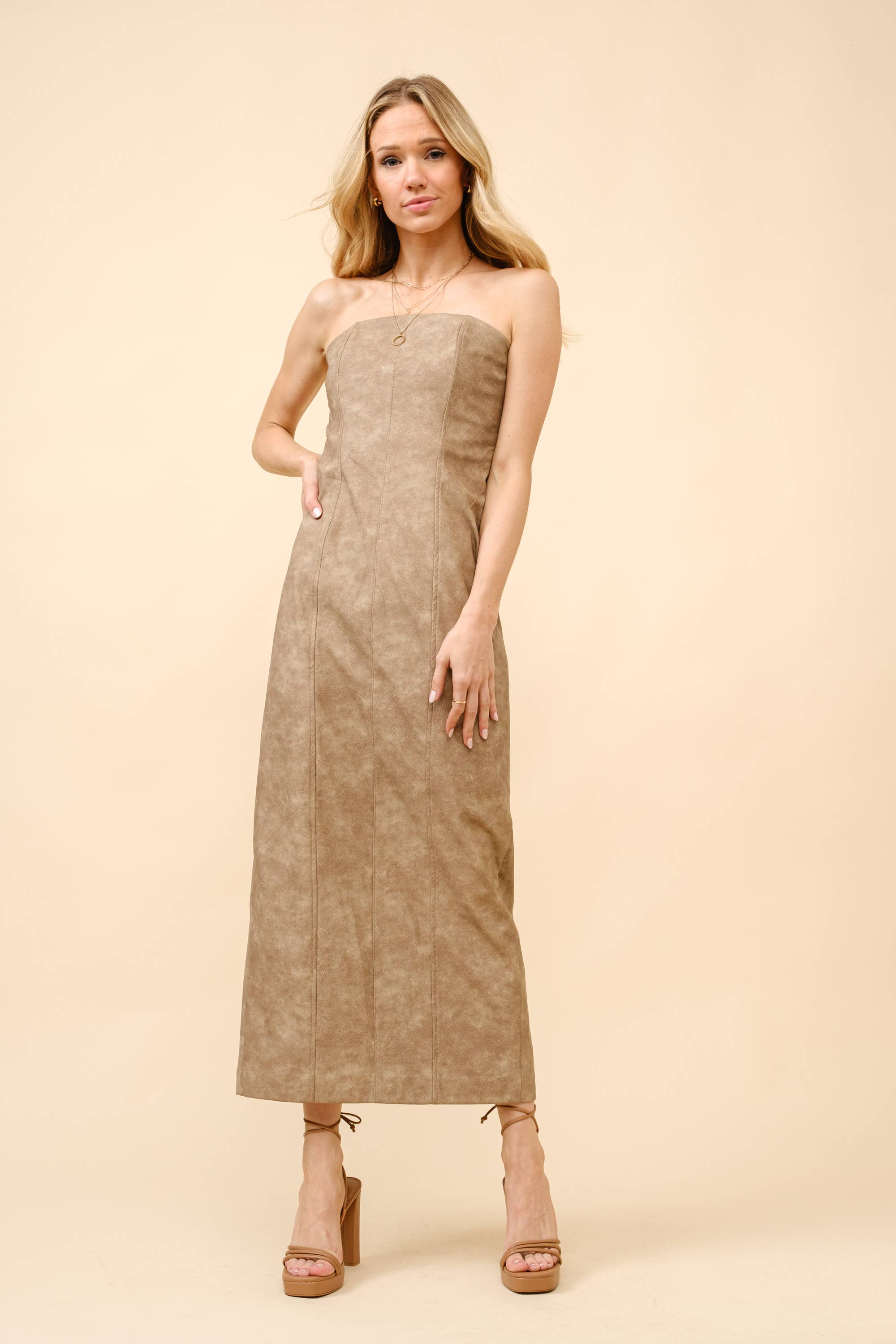 Washed PU Tube Fitted Midi Dress