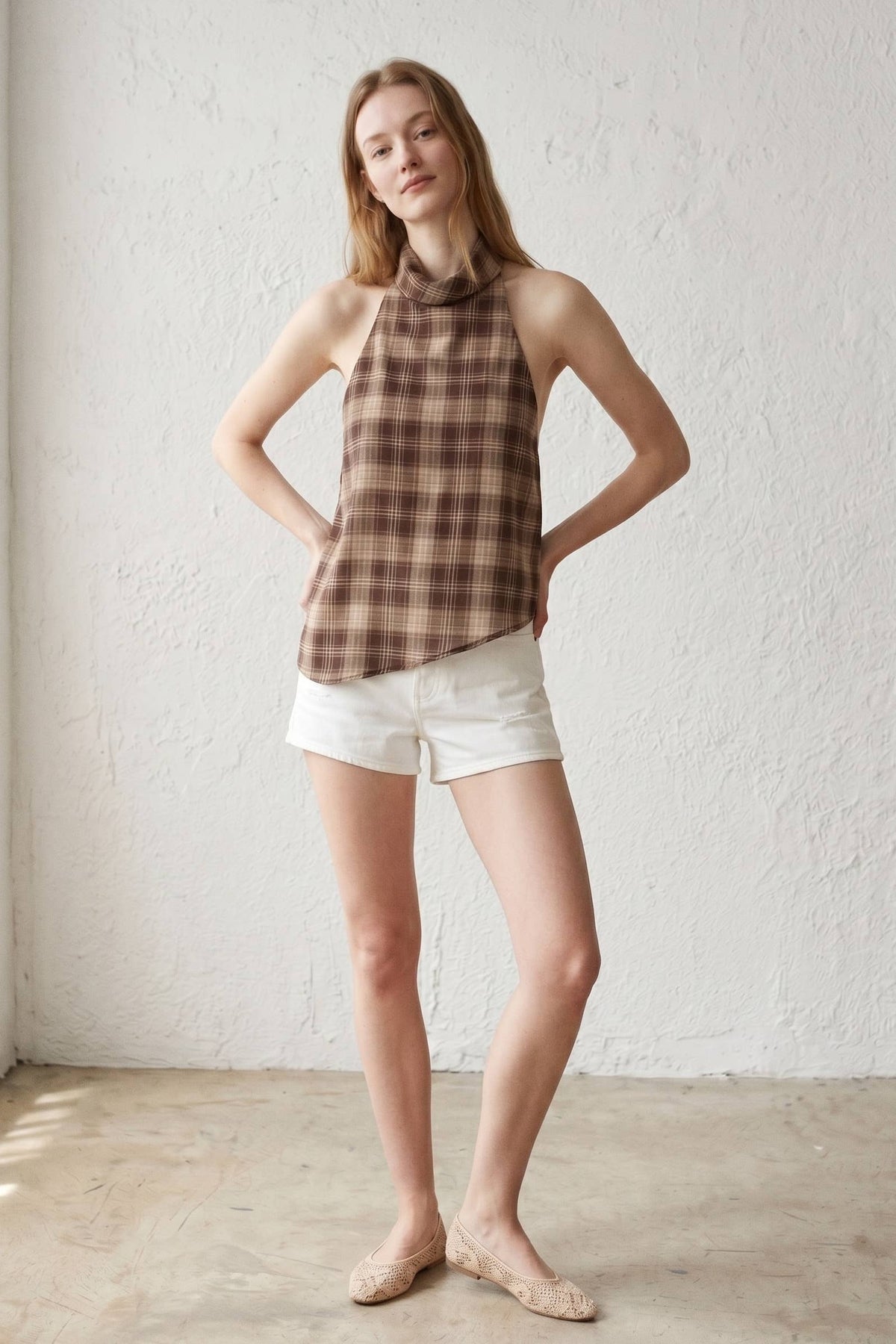 Karina Check Chiffon High Cowl Neck Top