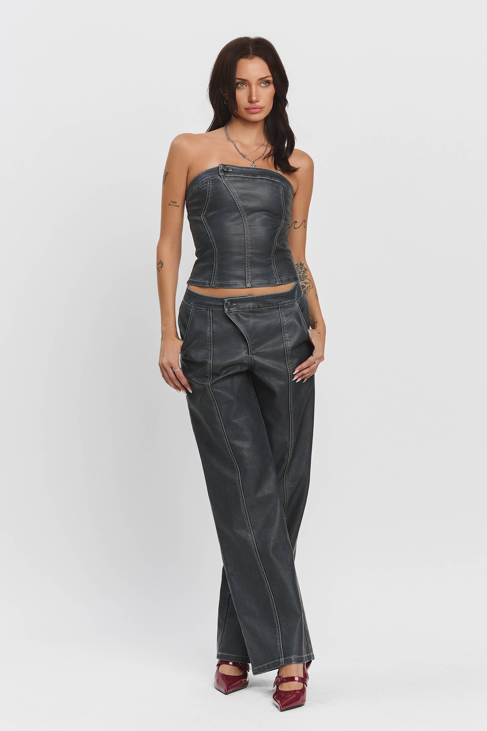 Namari Pleather tube top w/ button detail