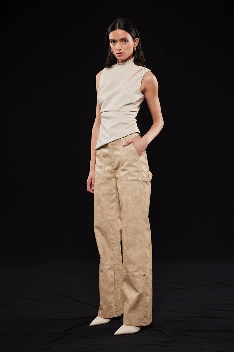 ASYMMETRIC PLEATHER MOCK NECK SLEEVELESS TOP-TI6804FO