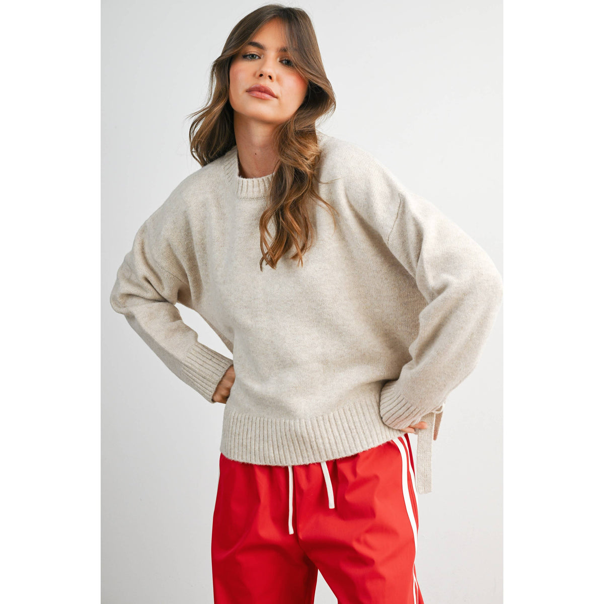 Cora Tie Split-Hem Crewneck Long Sleeve Top