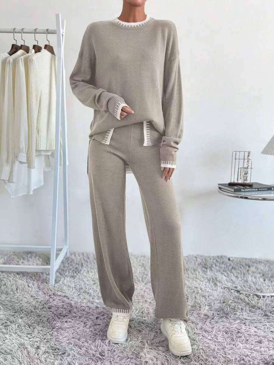 Two-piece of color-blocking sweater and trousers