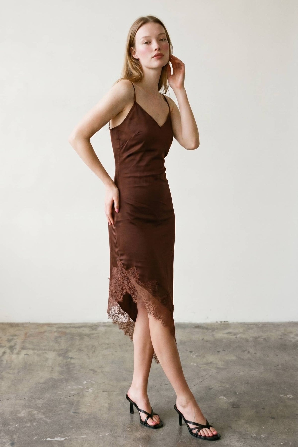 Kaelie Satin Asymmetrical Hem Lace Dress