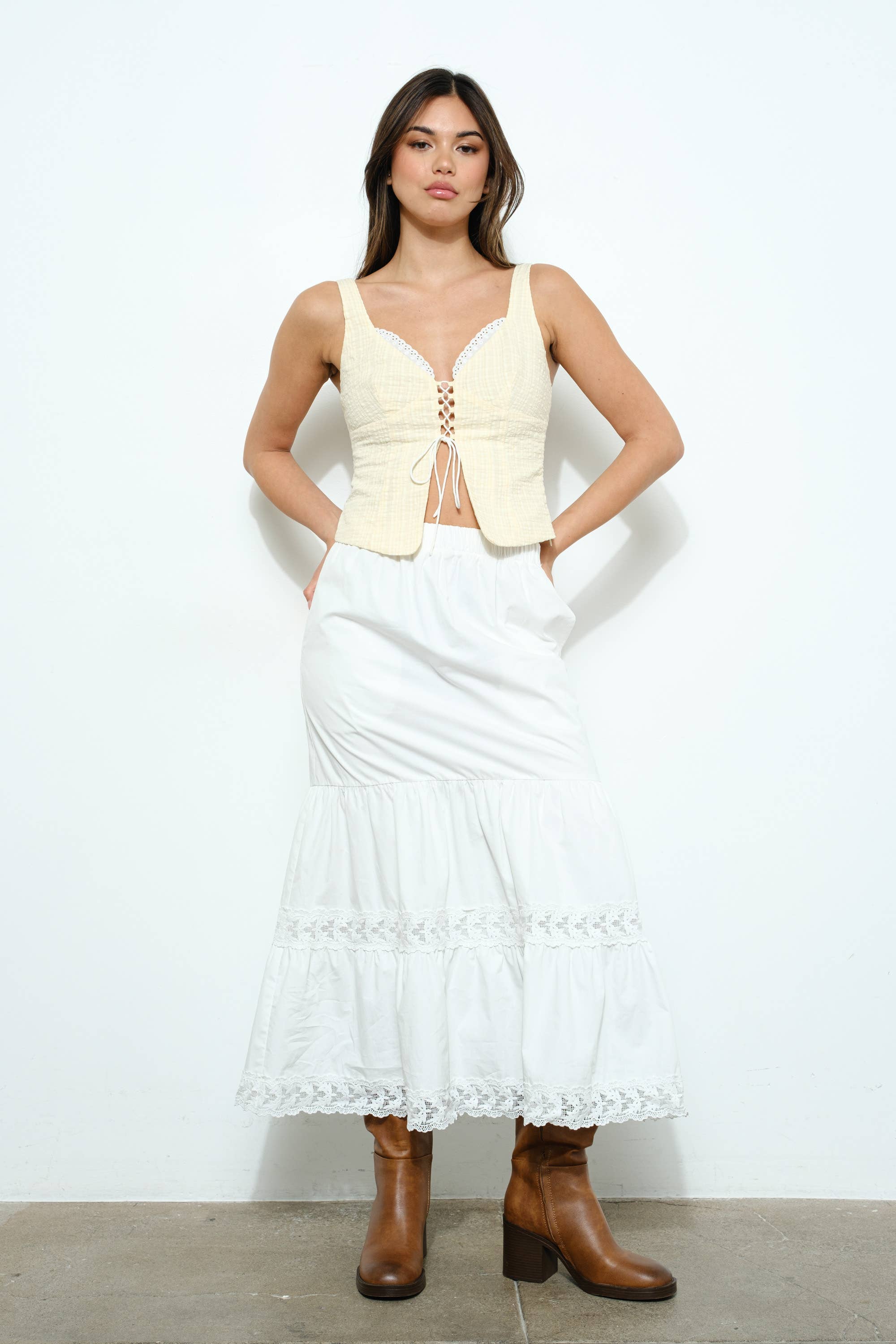 PEEKABOO LACE UP TOP
