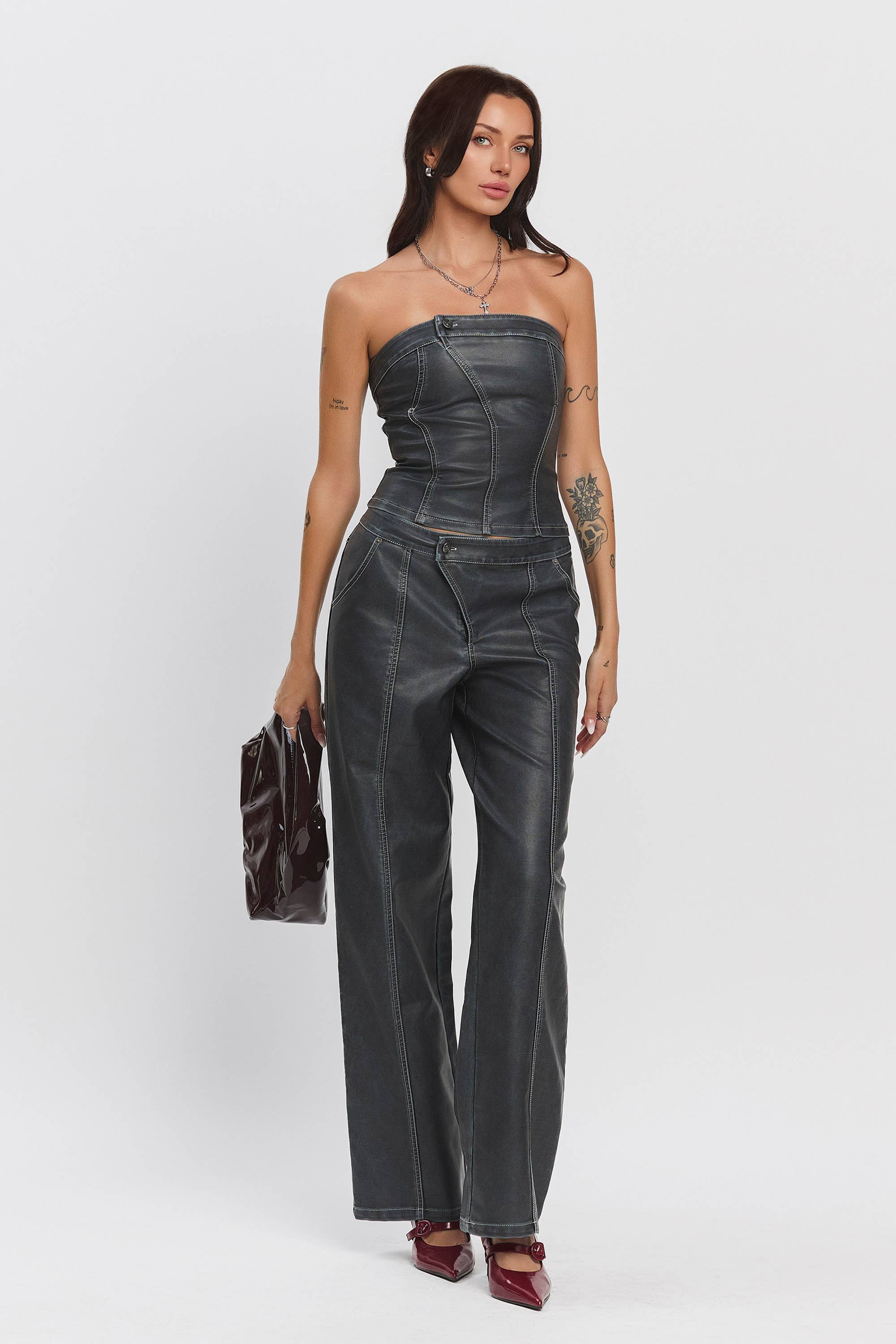 Namari Low rise pleather wide legged pants
