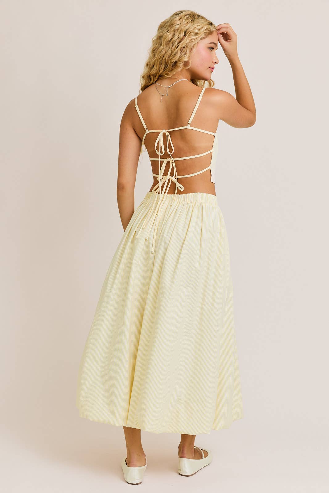SPAGHETTI TOP WITH BUBBLE HEM MIDI SKIRT