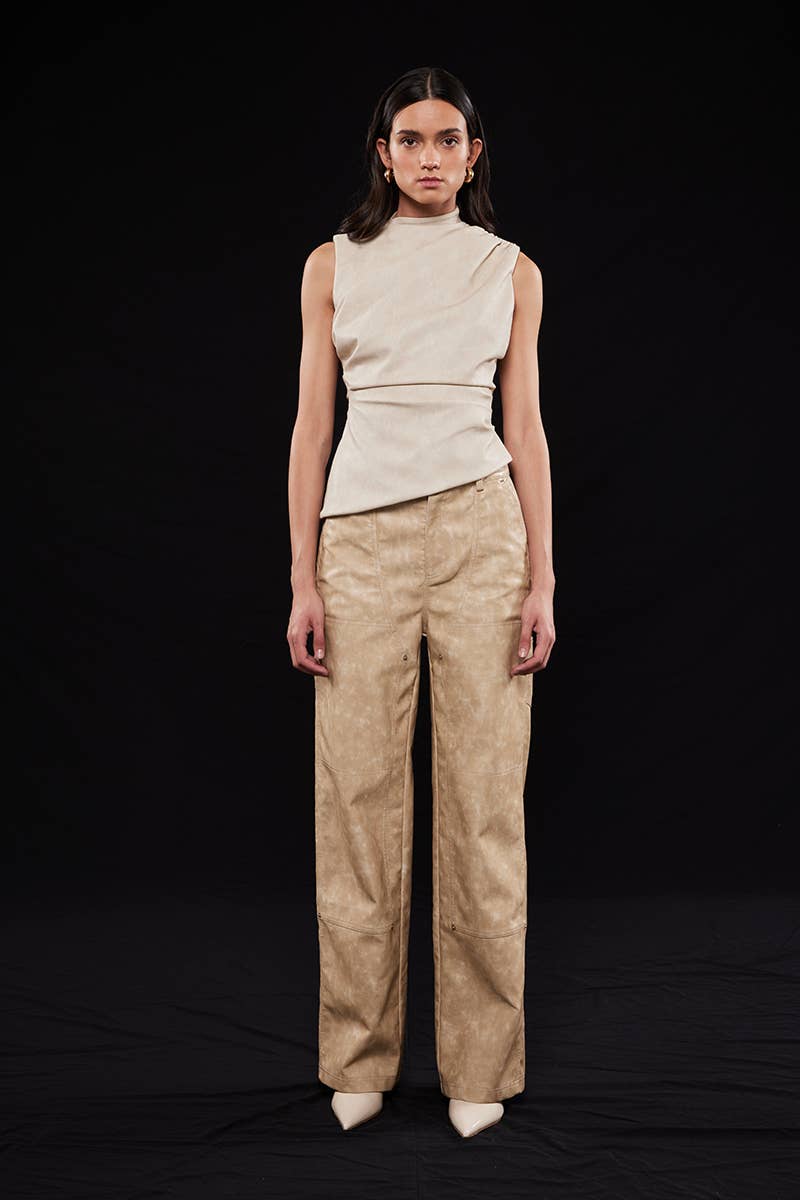 ASYMMETRIC PLEATHER MOCK NECK SLEEVELESS TOP-TI6804FO