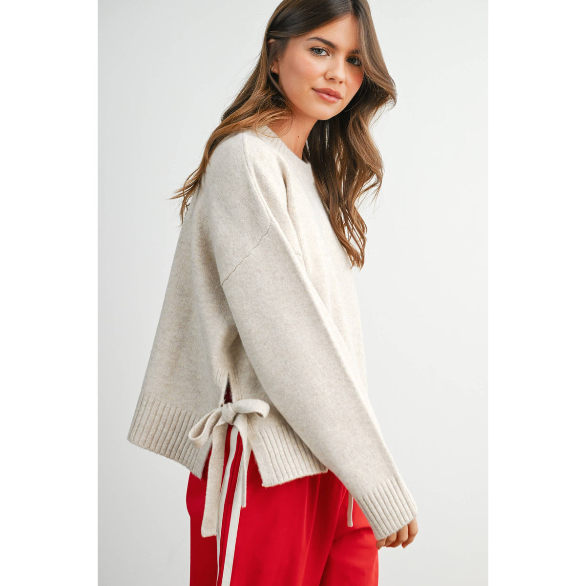 Cora Tie Split-Hem Crewneck Long Sleeve Top