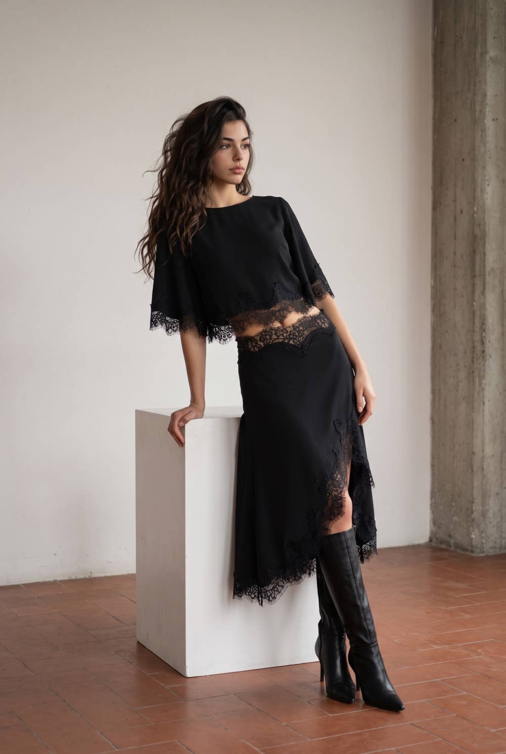 Esme LACE HEM TWILL SATIN LACE SKIRT