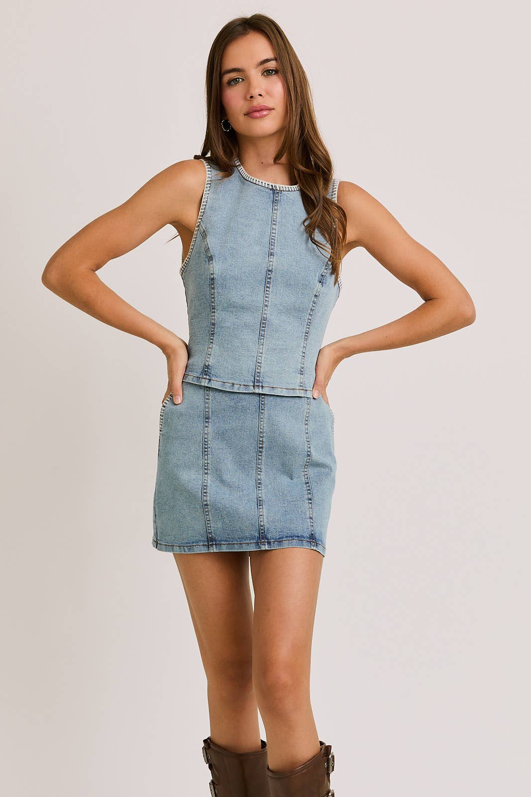STITCH DETAIL DENIM TOP WITH LOW WAIST DENIM SKIRT