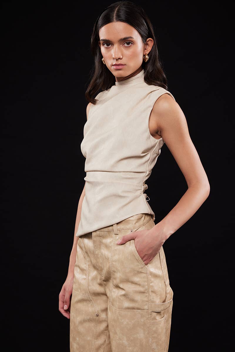 ASYMMETRIC PLEATHER MOCK NECK SLEEVELESS TOP-TI6804FO