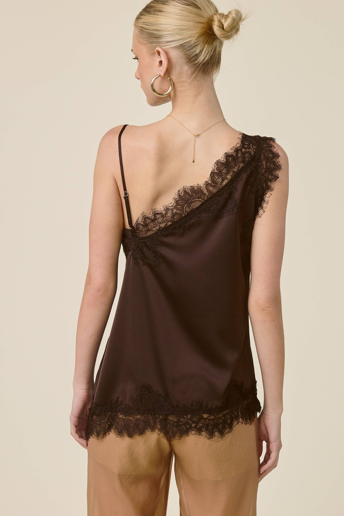 Eden One Shoulder Lace Trim Satin Top