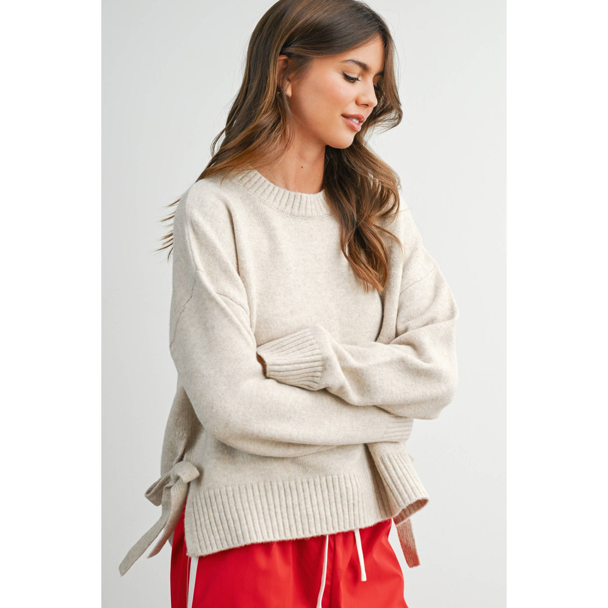 Cora Tie Split-Hem Crewneck Long Sleeve Top
