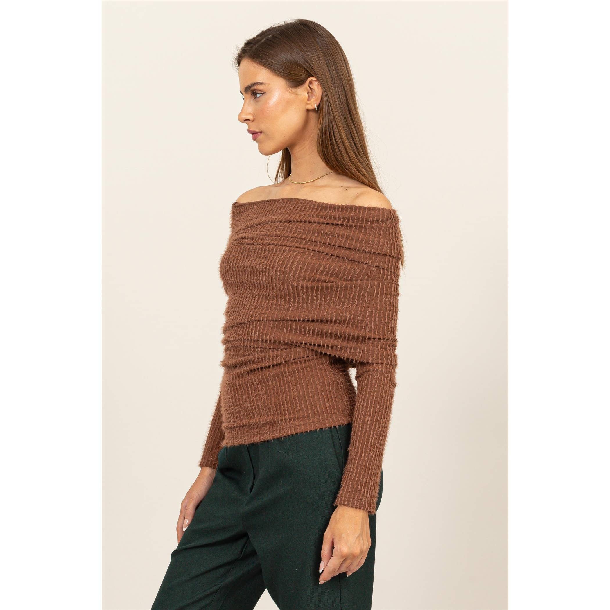 FUZZY OFF-THE-SHOULDER TEXTURED SWEATER