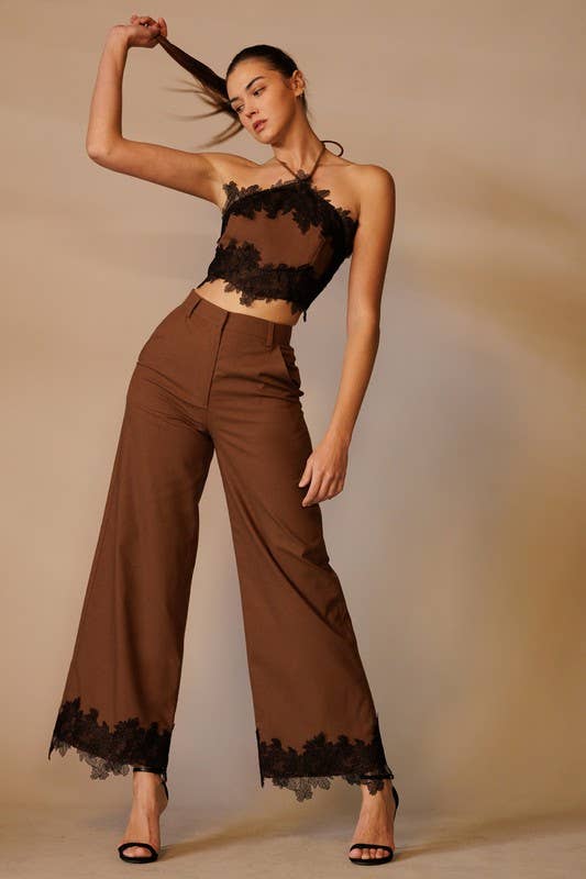 Lace Hem Wide-Leg Pants