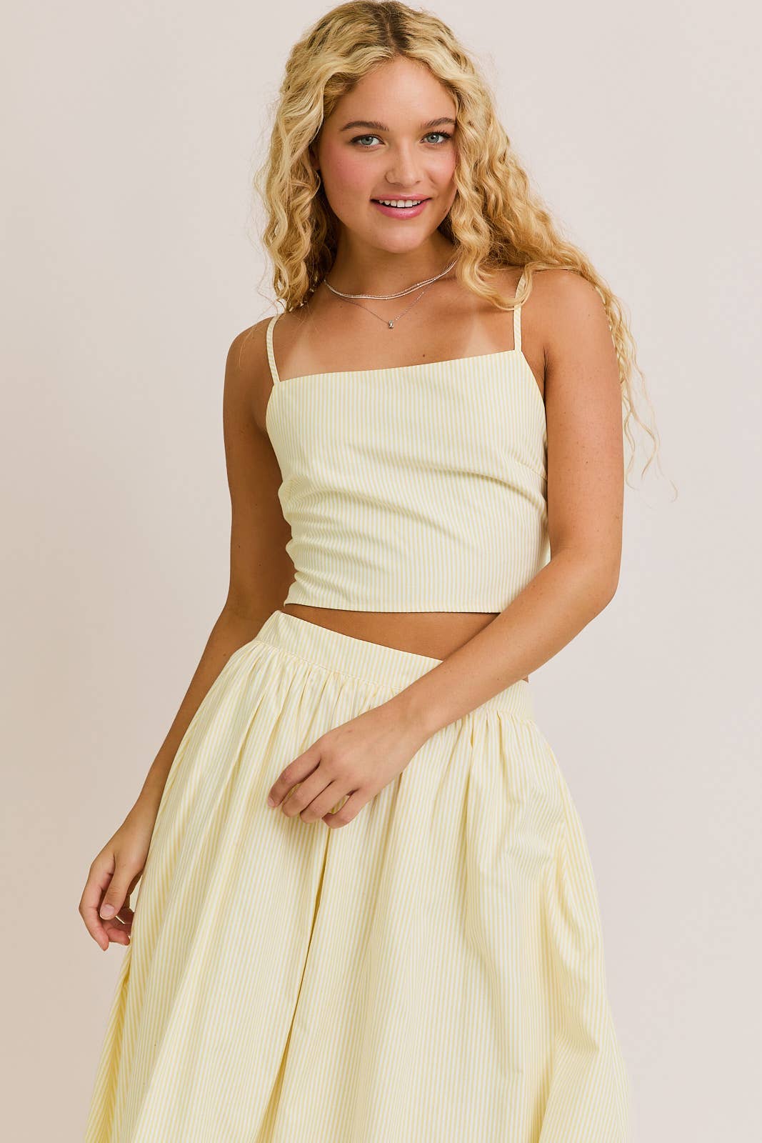 SPAGHETTI TOP WITH BUBBLE HEM MIDI SKIRT