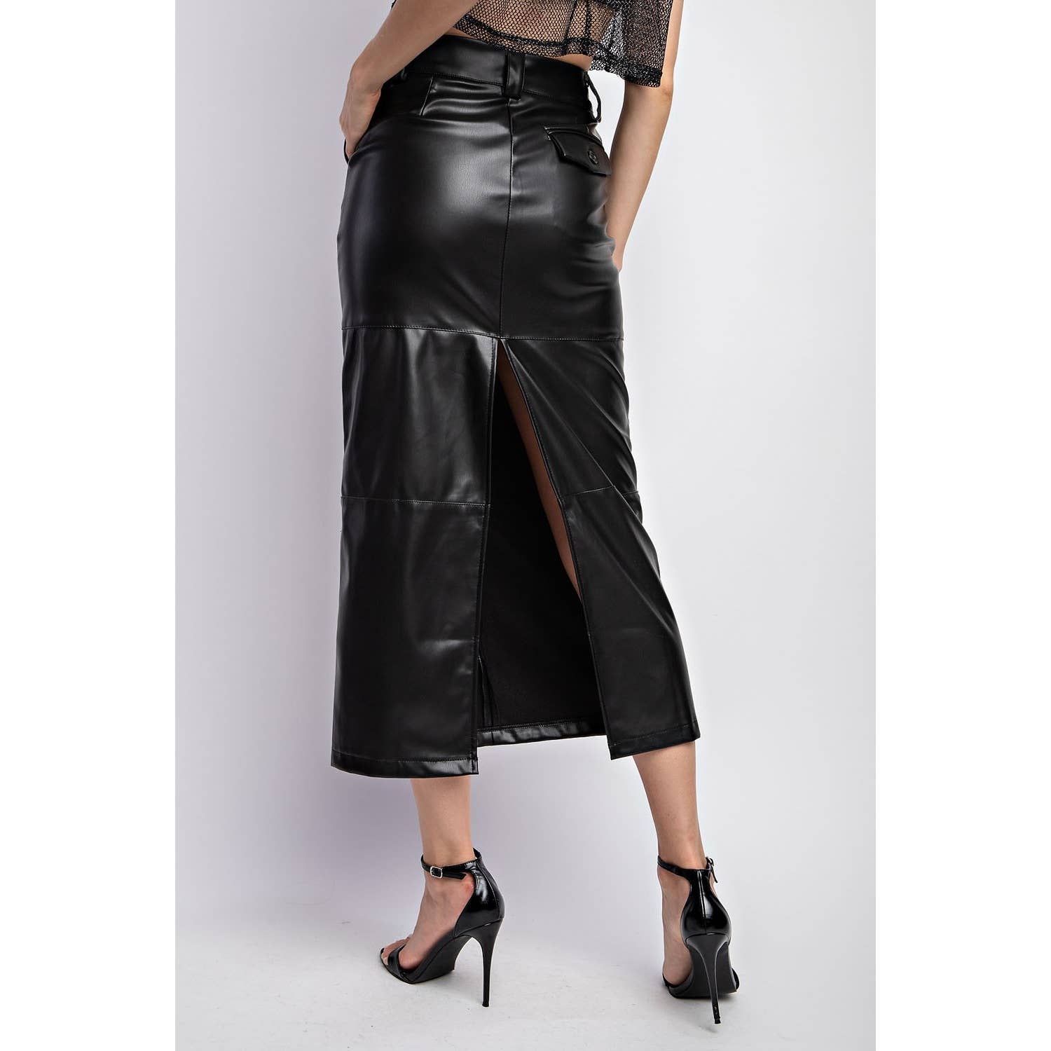 Frankie Faux Leather Mid Skirt With Pocket