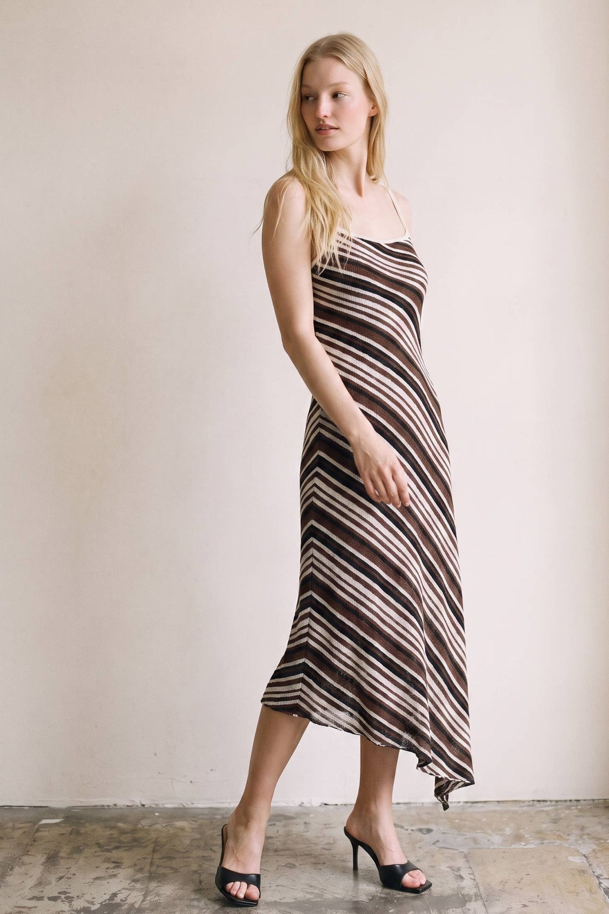 Arabella Diagonal Striped Asymmetric Hem Midi Dress