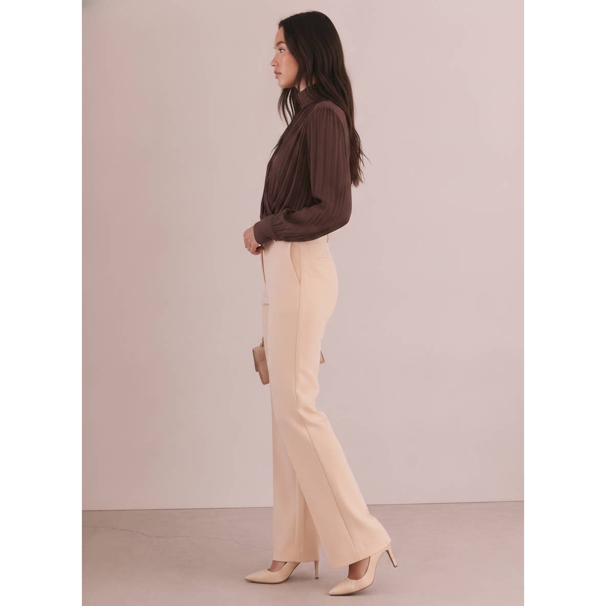 Maya CHIFFON DRAPPED RUCHED LONG SLEEVE HIGH NECK BLOUSE