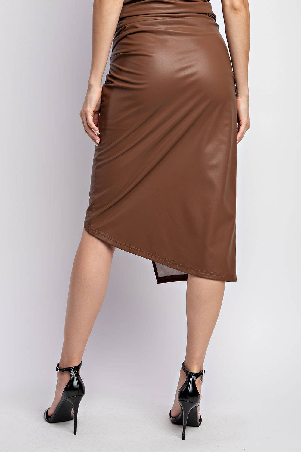 Beni Asymmetric Wrap Front Detailed Leather Midi Skirt