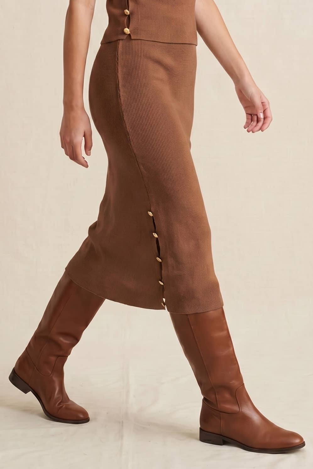 Ribbed Knit Midi Skirt with Side Gold Buttons
