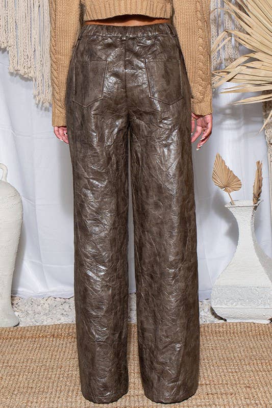 Crinkled Vintage Effect Vegan Leather Pants