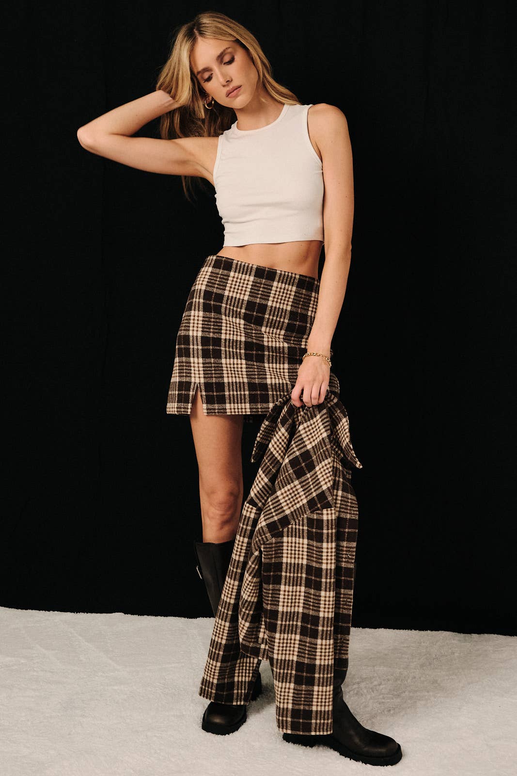Sariah High Waist Plaid Woven Front Side Slit Mini Skirt