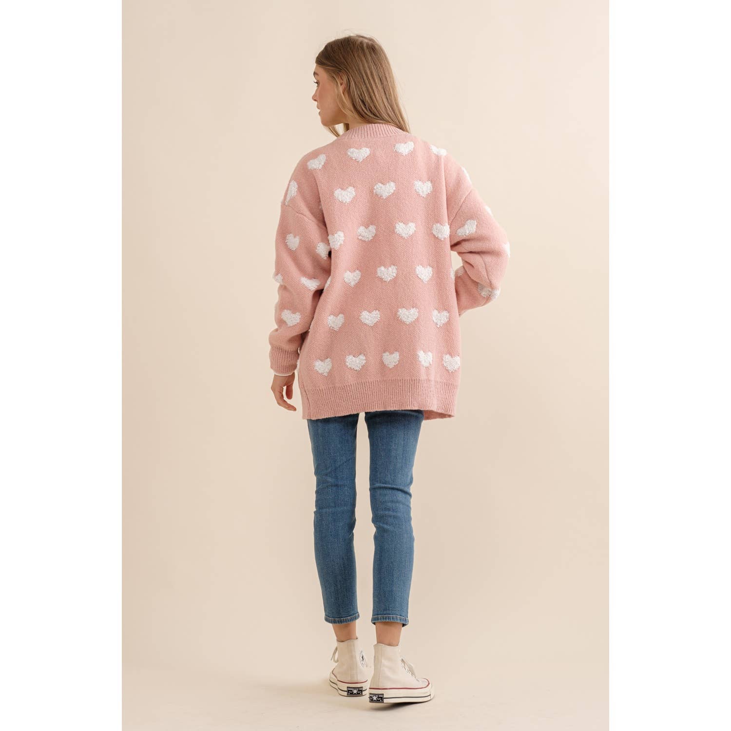 ALL OVER HEART PATTERN  SWEATER CARDIGAN