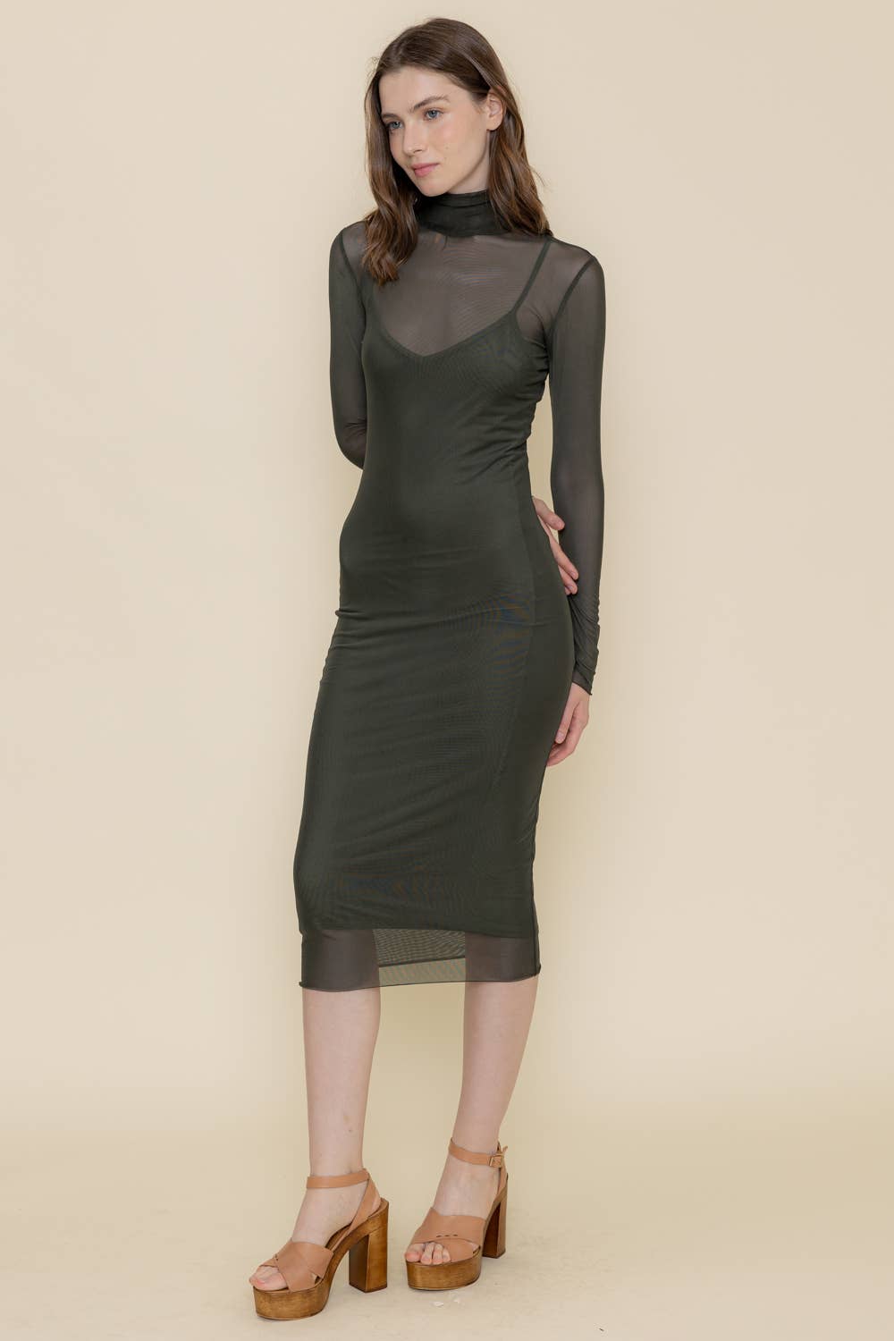 Heidi BODYCON MOCK NECK MESH LONG SLEEVE MIDI DRESS