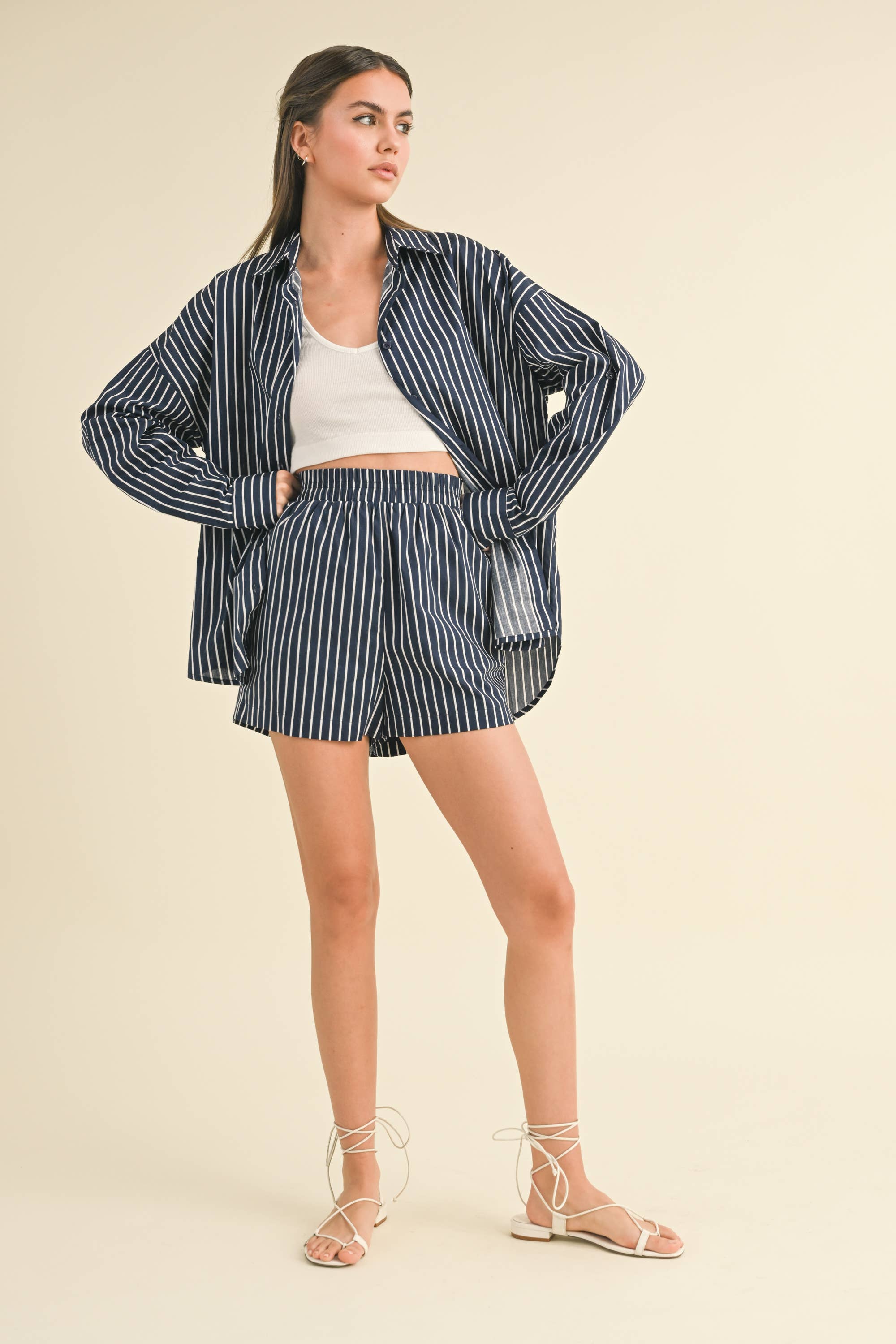 Charlie STRIPED BUTTON DOWN LONG SLEEVE AND SHORTS SET