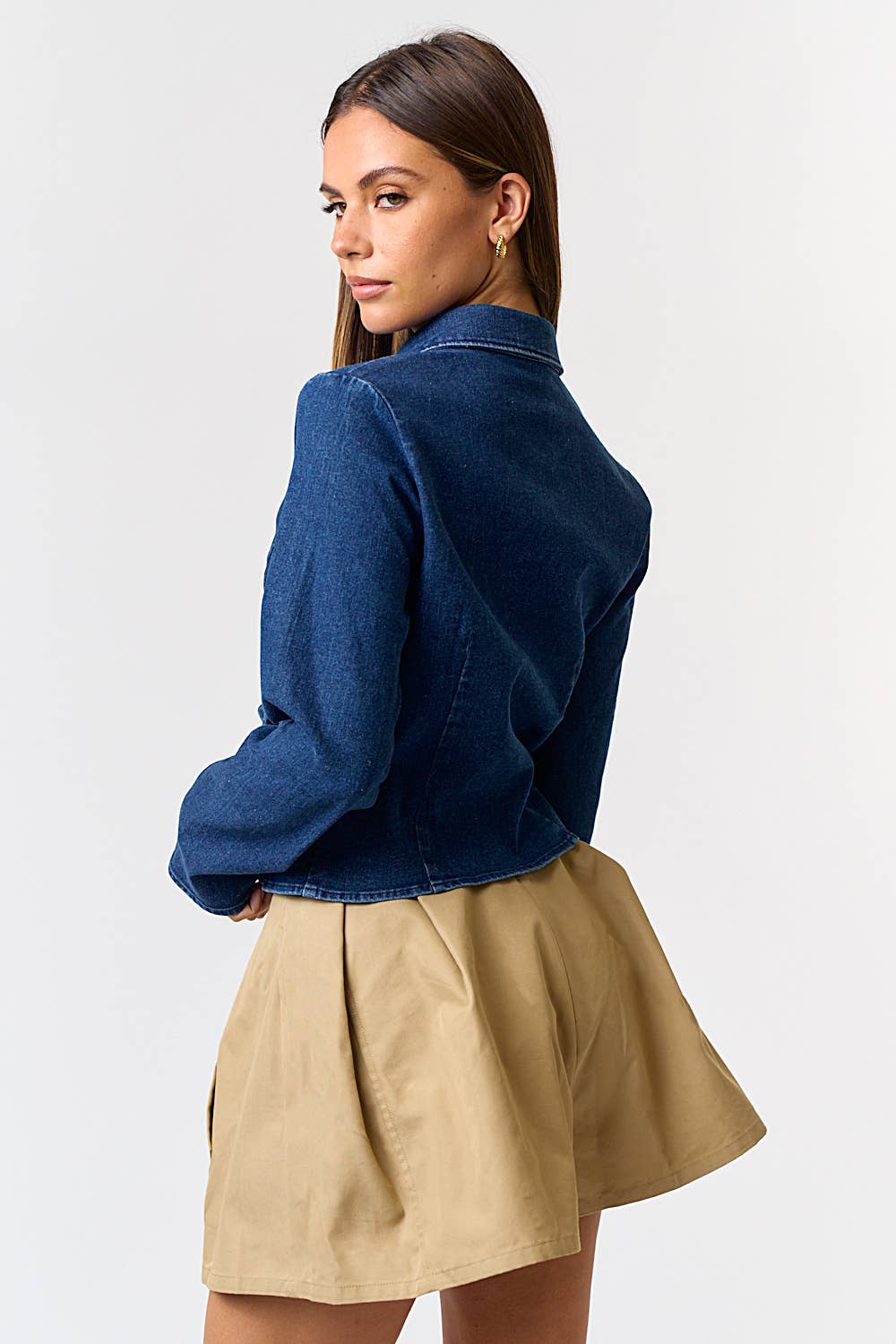 Lyra DENIM FRONT TIE COLLARED LONG SLEEVE TOP
