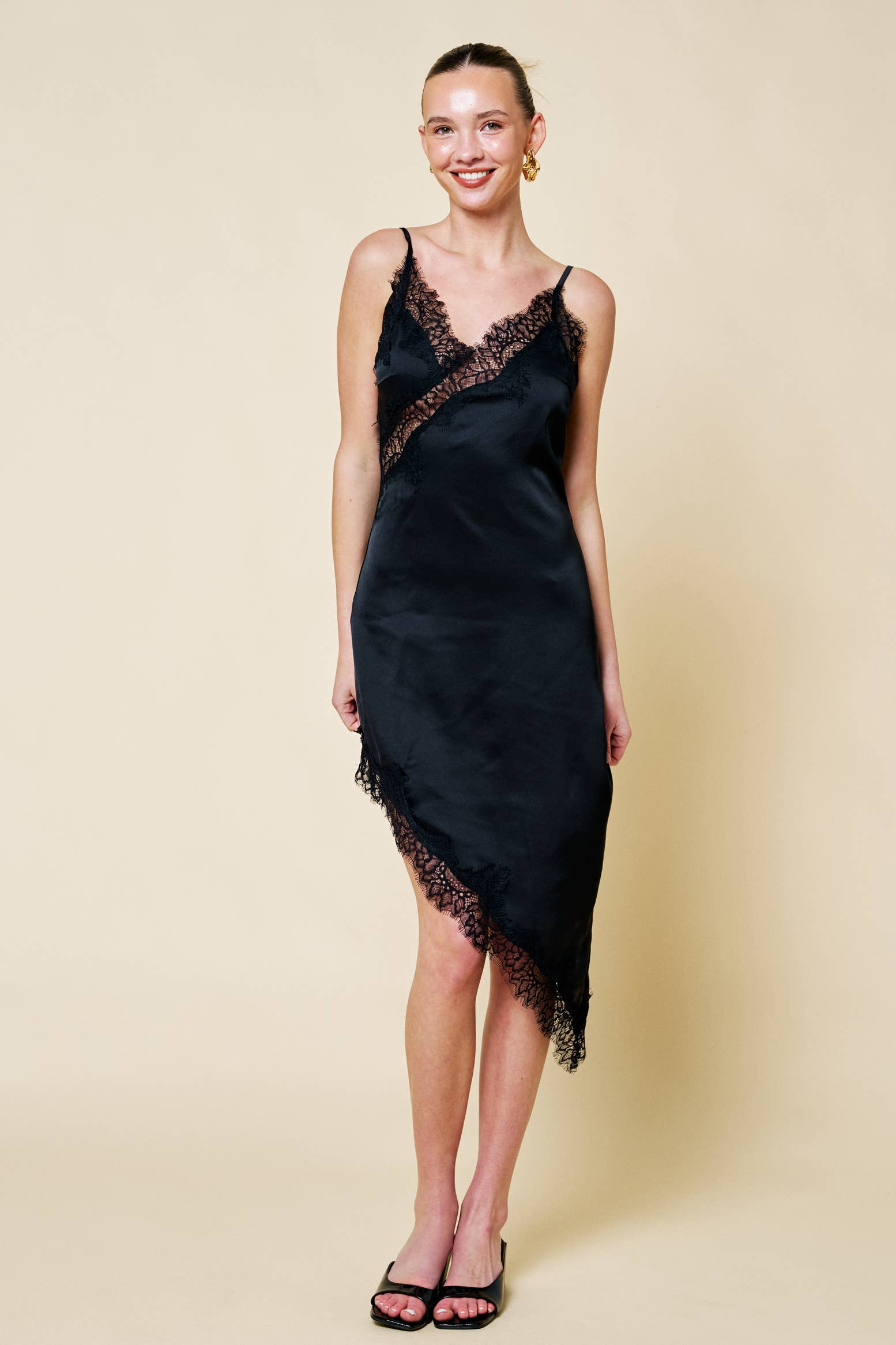 Lace Asymmetrical Trim Satin Slip Dress