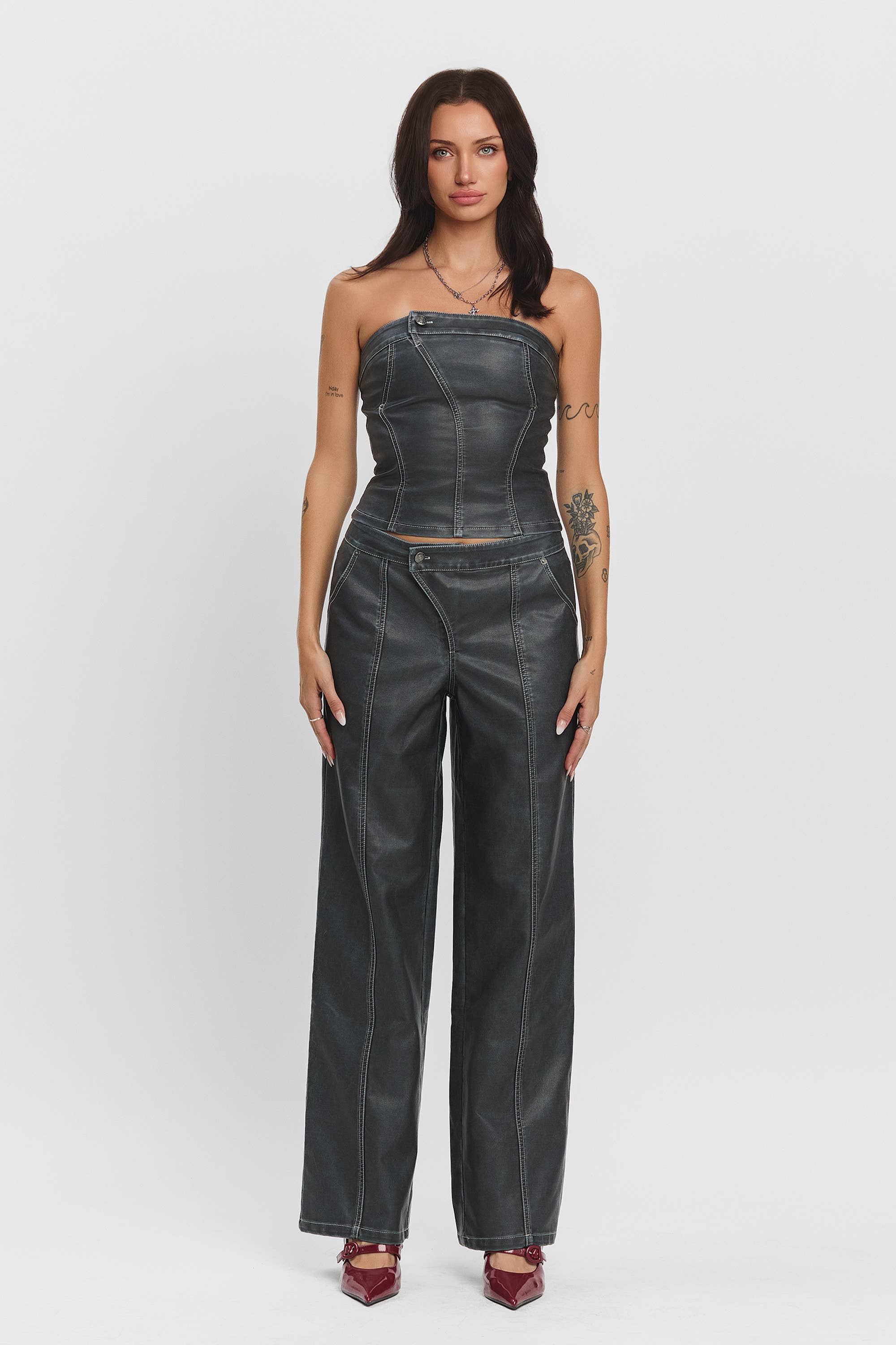 Namari Pleather tube top w/ button detail