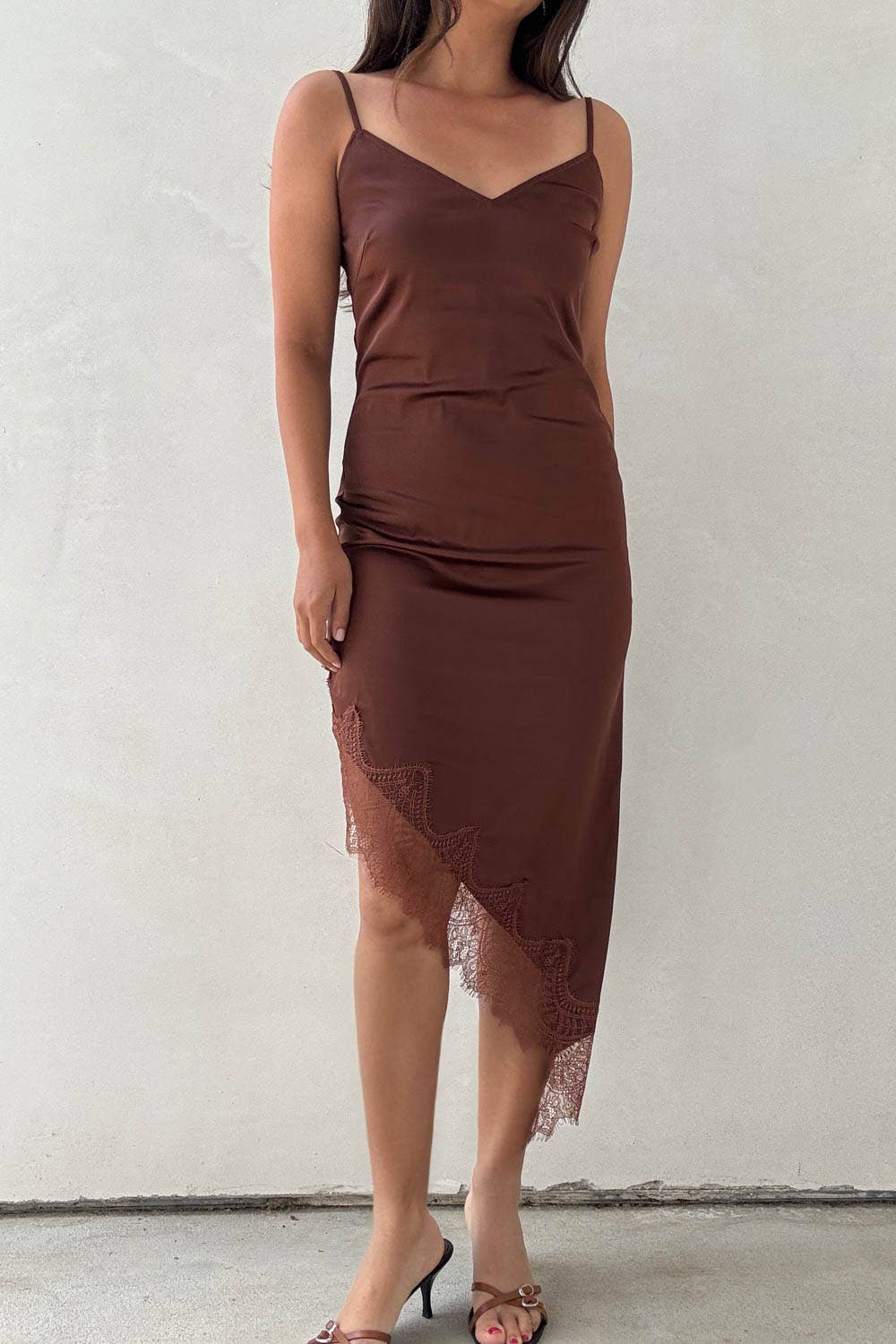 Kaelie Satin Asymmetrical Hem Lace Dress