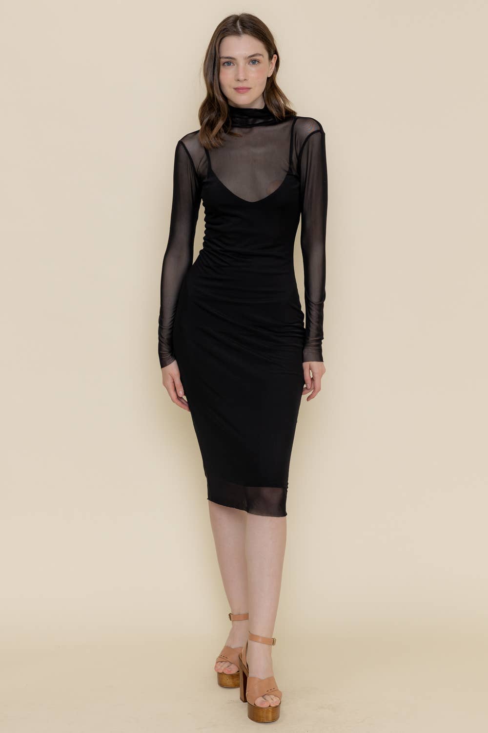 Heidi BODYCON MOCK NECK MESH LONG SLEEVE MIDI DRESS