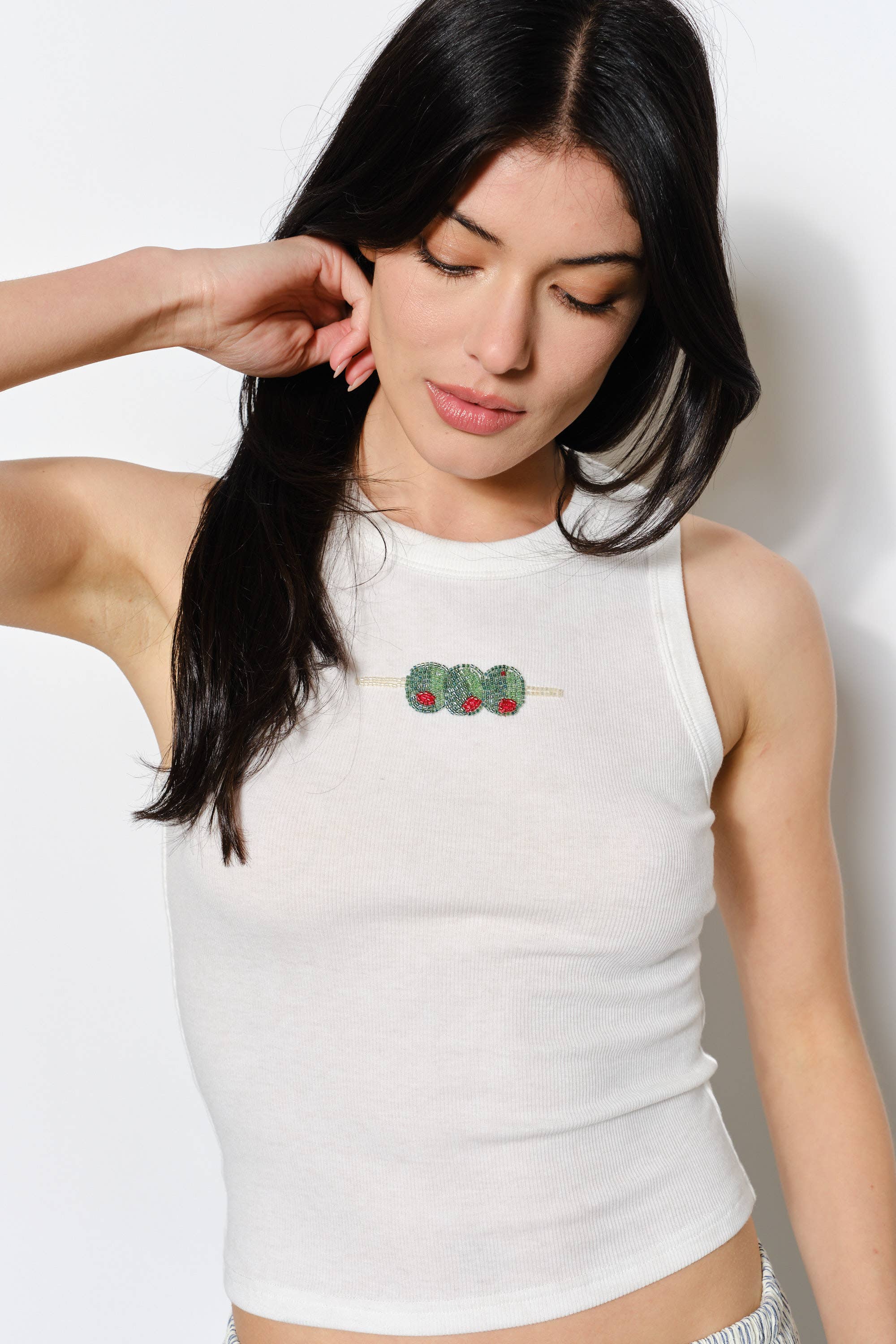 OZZY OLIVE BEAD EMBROIDERY TANK - Trendy, Cute