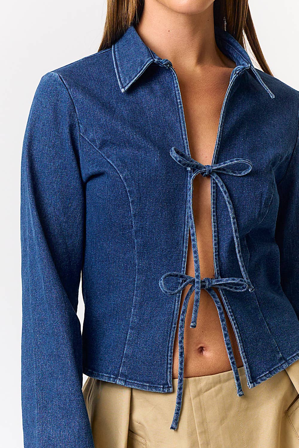 Lyra DENIM FRONT TIE COLLARED LONG SLEEVE TOP
