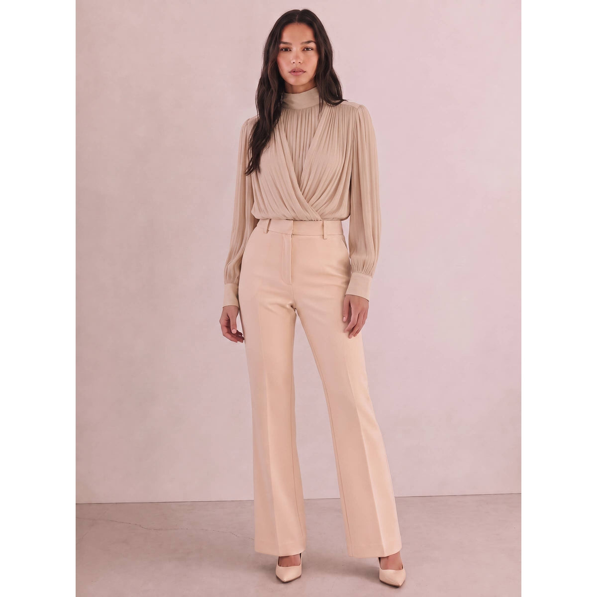 Maya CHIFFON DRAPPED RUCHED LONG SLEEVE HIGH NECK BLOUSE