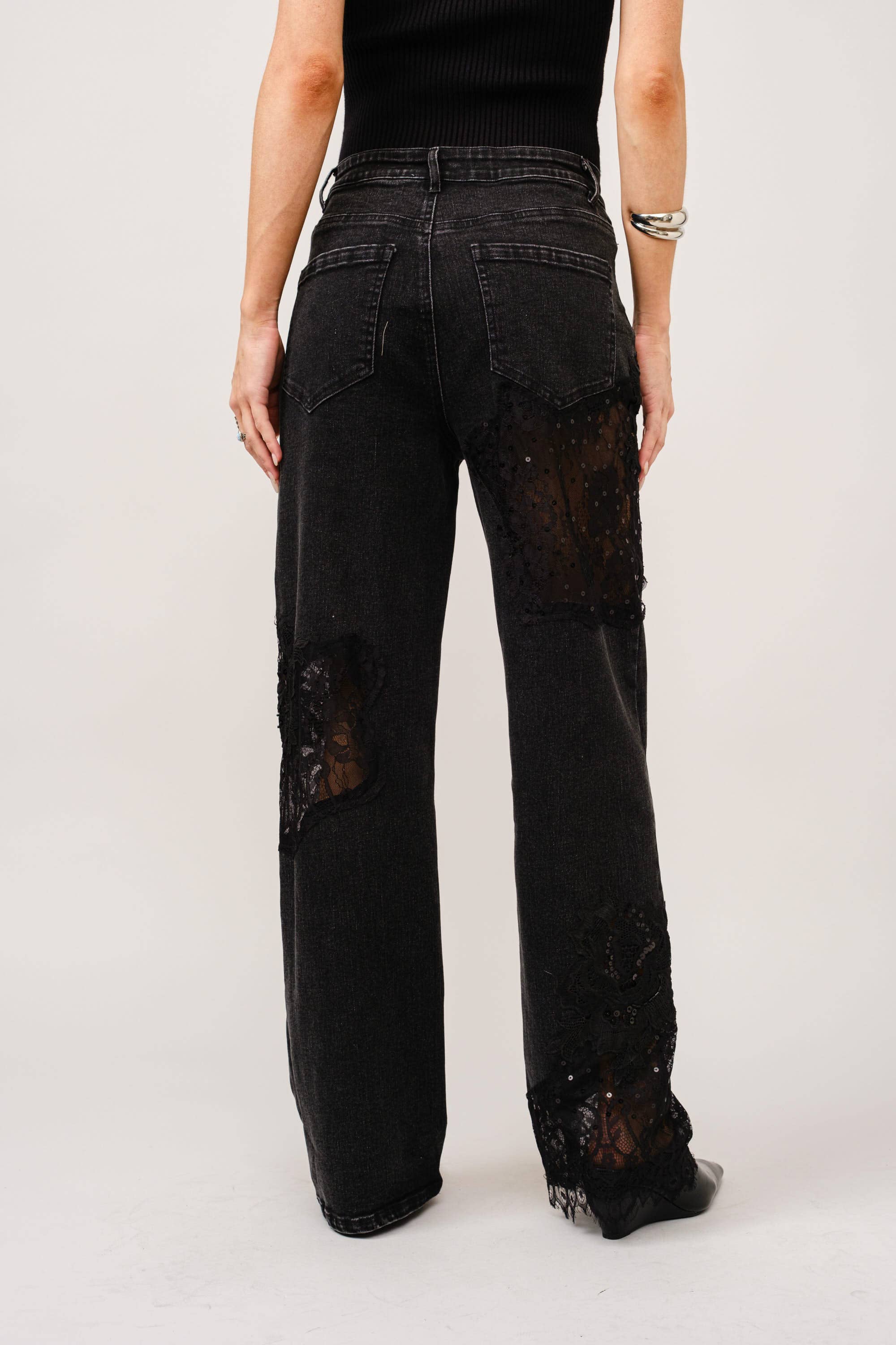 Lace Patchwork Straight Leg Jeans